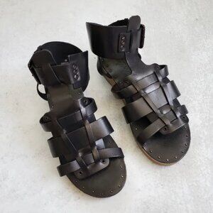 Free People Black Leather Marianne Platform Wedge Sandals Sz 8